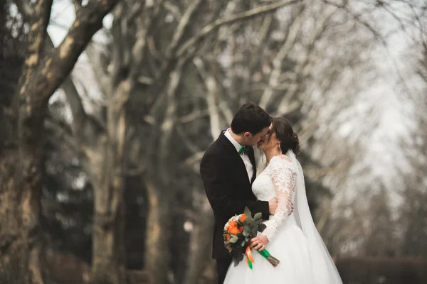 Casal elegante de recém-casados elegantes felizes andando no parque em seu dia de casamento com buquê — Fotografia de Stock