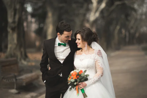 Stilvolles Brautpaar spaziert am Hochzeitstag mit Blumenstrauß durch den Park — Stockfoto