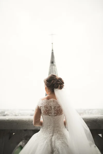 Όμορφη νύφη την ημέρα του γάμου με θέα στην πόλη — Φωτογραφία Αρχείου