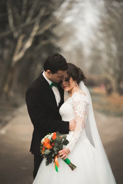 Elegante pareja de recién casados felices y elegantes caminando por el parque en el día de su boda con ramo — Foto de Stock