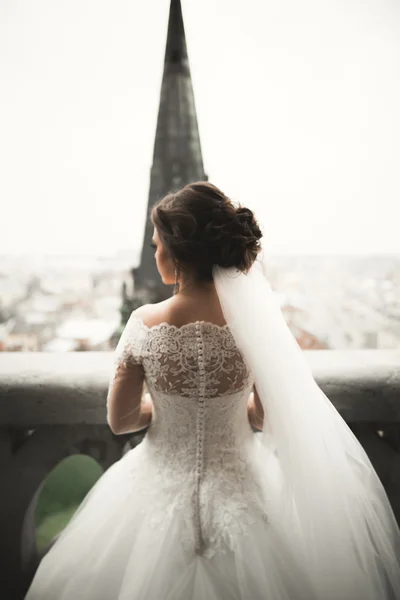 Schöne Braut an ihrem Hochzeitstag mit Blick auf die Stadt — Stockfoto