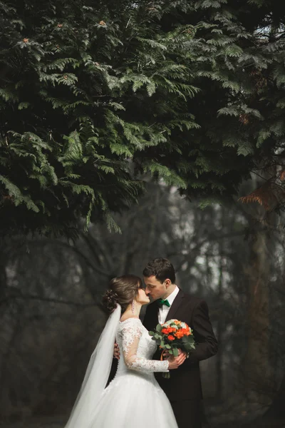 Beautiful couple of happy stylish newlyweds walking in the  park on their wedding day with bouquet — Stock Photo, Image