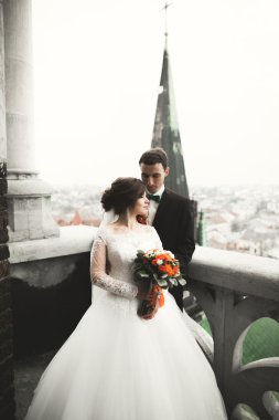 Şehir Manzaralı Balkonda duran güzel düğün çift yeni evliler