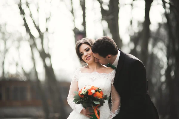 Elegante pareja de recién casados felices y elegantes caminando por el parque en el día de su boda con ramo —  Fotos de Stock