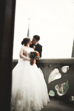 Şehir Manzaralı Balkonda duran güzel düğün çift yeni evliler