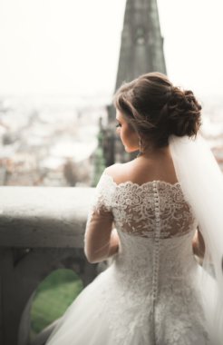 Onu düğün günü şehir manzaralı güzel gelin