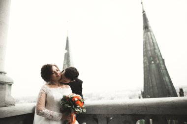 Şehir Manzaralı Balkonda duran güzel düğün çift yeni evliler
