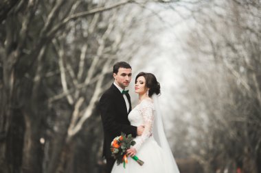 Buket onların gün parkta yürüyüş güzel mutlu evlilik çift