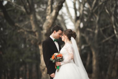 Buket onların gün parkta yürüyüş güzel mutlu evlilik çift