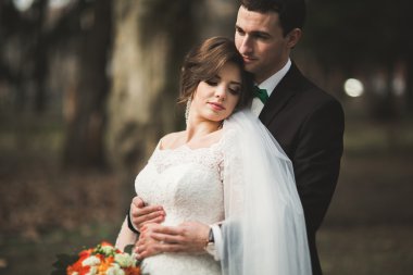 Buket onların gün parkta yürüyüş güzel mutlu evlilik çift