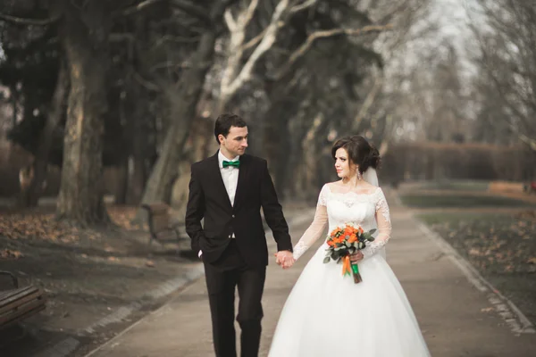 美丽的快乐新婚夫妇在他们花束的一天在公园散步 — 图库照片
