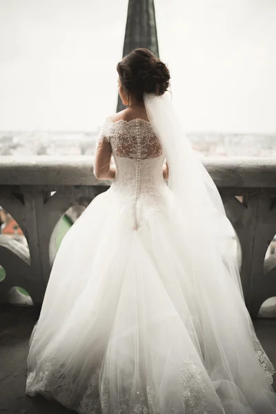 Mooie bruid op haar trouwdag met een uitzicht over de stad — Stockfoto