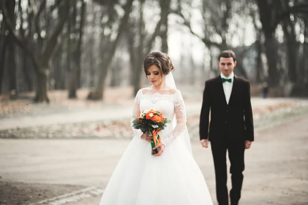 Gyönyörű esküvői pár sétált a parkban a napot csokor — Stock Fotó