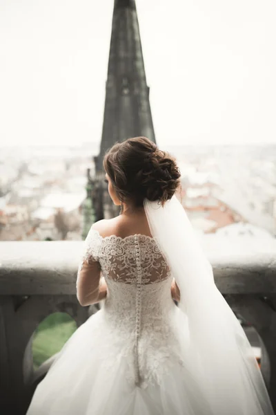 Schöne Braut an ihrem Hochzeitstag mit Blick auf die Stadt — Stockfoto