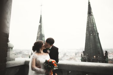 Şehir Manzaralı Balkonda duran güzel düğün çift yeni evliler