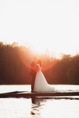 Zarif güzel düğün çifti bir göl kenarında günbatımında poz