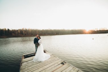 Zarif güzel düğün çifti bir göl kenarında günbatımında poz