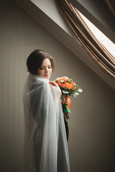 Noiva de luxo em roupão preto posando enquanto se prepara para a cerimônia de casamento — Fotografia de Stock