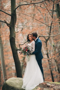 Muhteşem gelin, damat öpüşme ve sarılma Gösterim çarpıcı uçurum yakın: