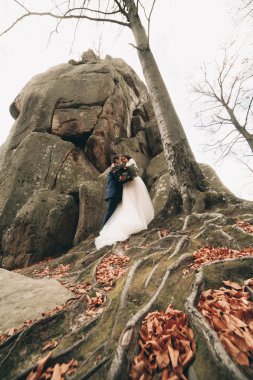 Muhteşem gelin, damat öpüşme ve sarılma Gösterim çarpıcı uçurum yakın: