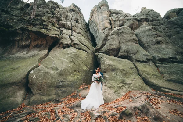 Splendida sposa, sposo baciare e abbracciare vicino alle scogliere con vista mozzafiato — Foto Stock