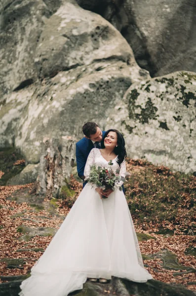 Preciosa novia, novio besándose y abrazándose cerca de los acantilados con impresionantes vistas — Foto de Stock