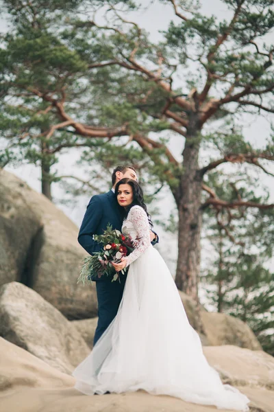 Magnifique mariée, marié embrasser et embrasser près des falaises avec une vue imprenable — Photo