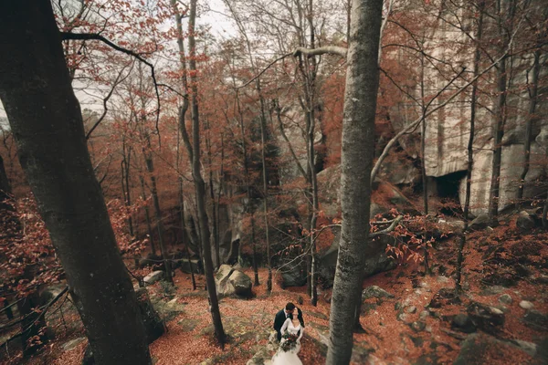 Preciosa novia, novio besándose y abrazándose cerca de los acantilados con impresionantes vistas — Foto de Stock