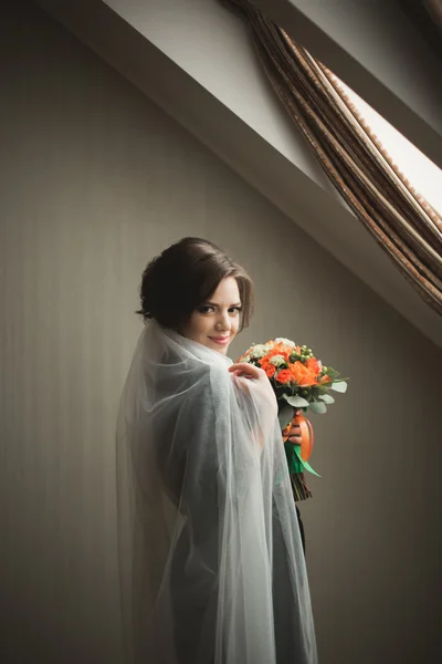 Noiva de luxo em roupão preto posando enquanto se prepara para a cerimônia de casamento — Fotografia de Stock