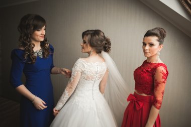 Mutlu arkadaşlar yardımcı olur sabah onu düğün günü için hazırlık gelin