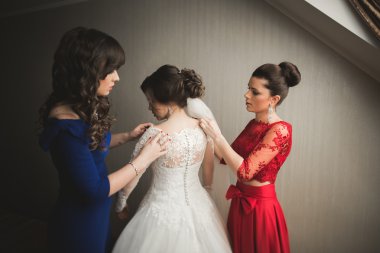 Mutlu arkadaşlar yardımcı olur sabah onu düğün günü için hazırlık gelin