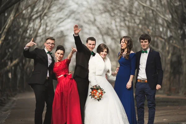 Dama de honra e padrinhos com casal de casamento posando no parque — Fotografia de Stock