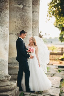 Güzel, romantik bir düğün. Yeni evliler. Eski kalenin yakınlarında sarılıyorlar.