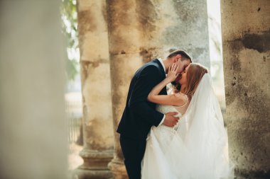 Güzel, romantik bir düğün. Yeni evliler. Eski kalenin yakınlarında sarılıyorlar.