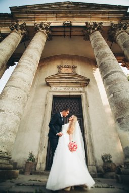 Güzel, romantik bir düğün. Yeni evliler. Eski kalenin yakınlarında sarılıyorlar.