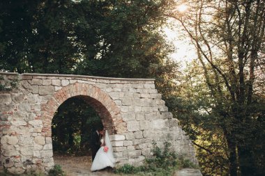 Güzel, romantik bir düğün. Yeni evliler. Eski kalenin yakınlarında sarılıyorlar.