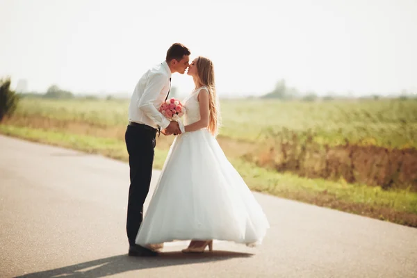 Casal de casamento bonito, noiva e noivo posando na estrada — Fotografia de Stock