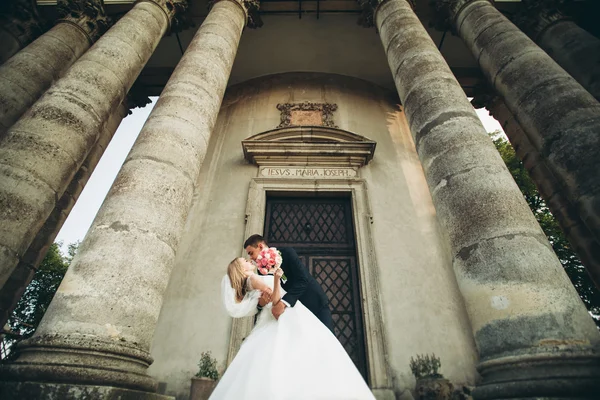 Hermosa boda romántica pareja de recién casados abrazos cerca del viejo castillo —  Fotos de Stock