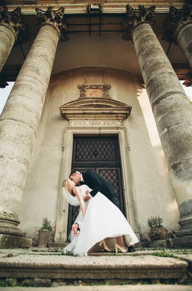 Прекрасная романтическая свадебная пара молодоженов, обнимающихся возле старого замка — стоковое фото
