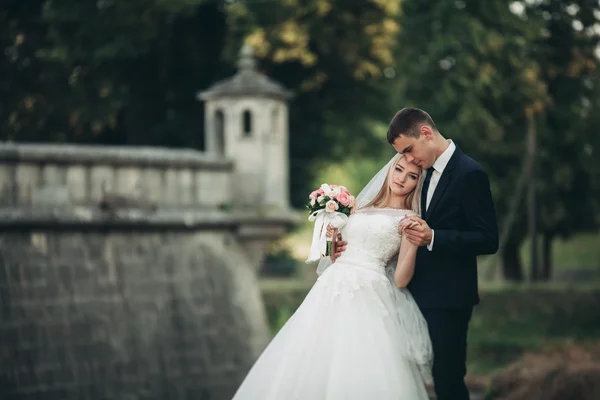 Mooi romantisch huwelijk paar van pasgetrouwden knuffelen in de buurt van oud kasteel — Stockfoto