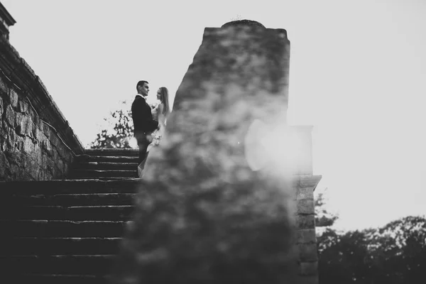 Beautiful romantic wedding couple of newlyweds hugging near old castle on sunset — Stock Photo, Image