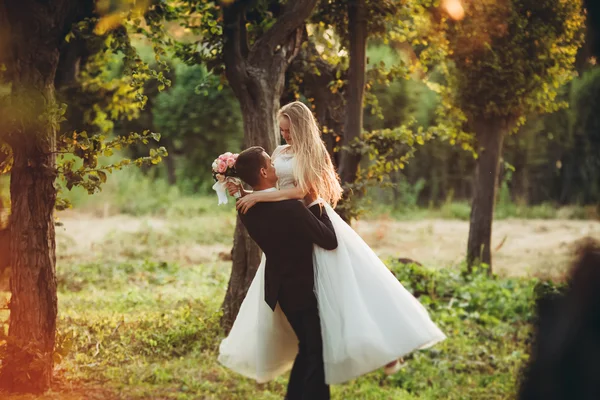Güzel romantik bir çift yeni evliler gün batımında parkta sarılıyorlar.
