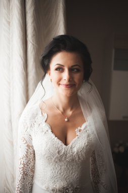 Güzel moda peçe düğün sabah gelinle portresi. Gelinlik