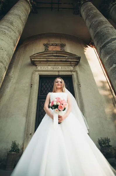 Чудова романтична ніжна стильна красива біла наречена на фоні стародавнього барокового замку — стокове фото