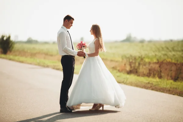 Hermosa pareja de boda, novia y novio posando en el camino —  Fotos de Stock
