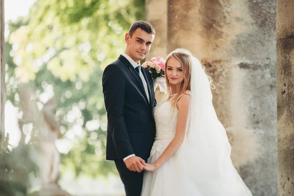 Mooi romantisch huwelijk paar van pasgetrouwden knuffelen in de buurt van oud kasteel — Stockfoto