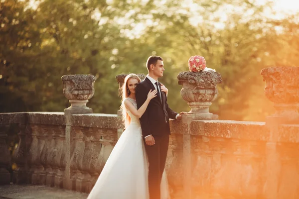 Szép, romantikus esküvői pár ifjú átölelve régi kastély közelében, a sunset — Stock Fotó