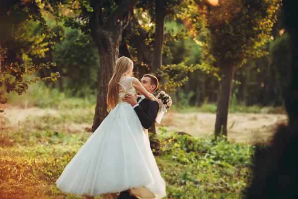 Güzel romantik bir çift yeni evliler gün batımında parkta sarılıyorlar. — Stok fotoğraf