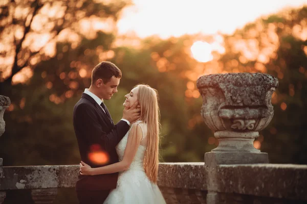 Hermosa pareja romántica de boda, novio y novia abrazándose cerca del viejo castillo en la puesta del sol —  Fotos de Stock