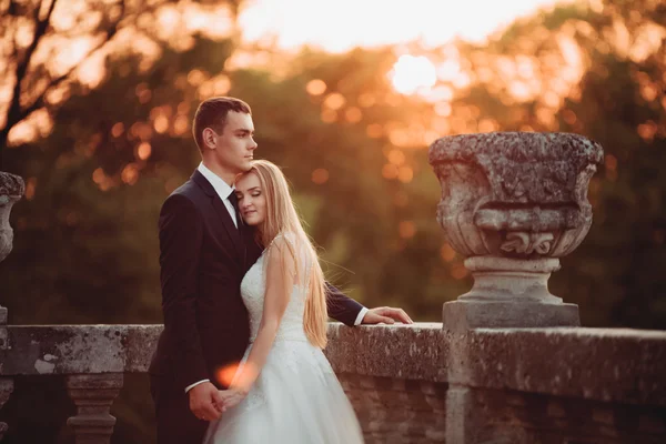 Hermosa pareja romántica de boda, novio y novia abrazándose cerca del viejo castillo en la puesta del sol —  Fotos de Stock